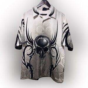 Vintage Y2K Dragonfly Skull Tribal Button Down Metal Rage Shirt Mens L Cybergoth